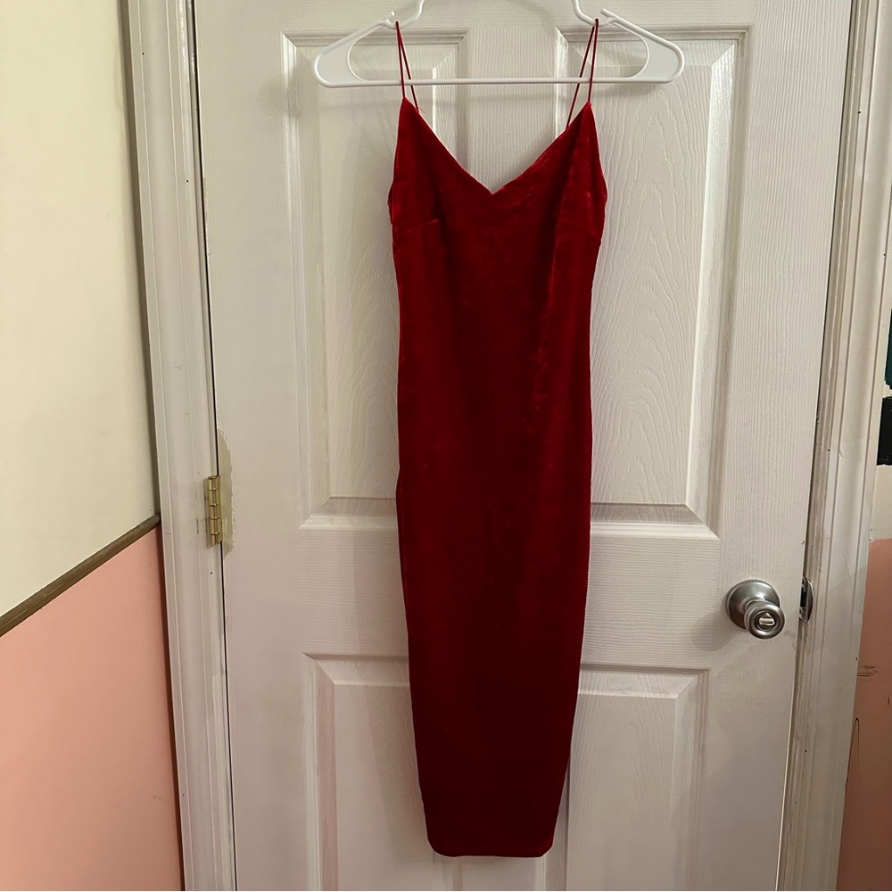 Revamped Red Velvet Spaghetti Strap Midi Bodycon Dress Stretch